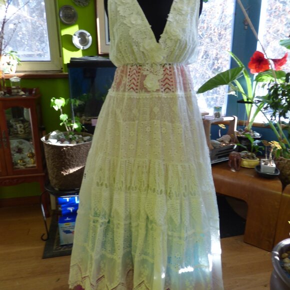 GOTH BOHO PRAIRIE WEDDING WHITE FLORAL EYELET WOVEN TIERED FULL MAXI DRESS XL - Picture 9 of 16